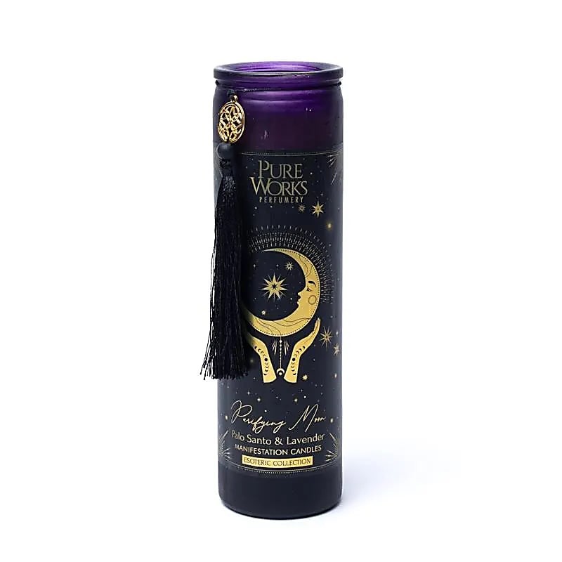 Bougie neuvaine d'intention Lune purificatrice en verre avec pompon rituel lunaire