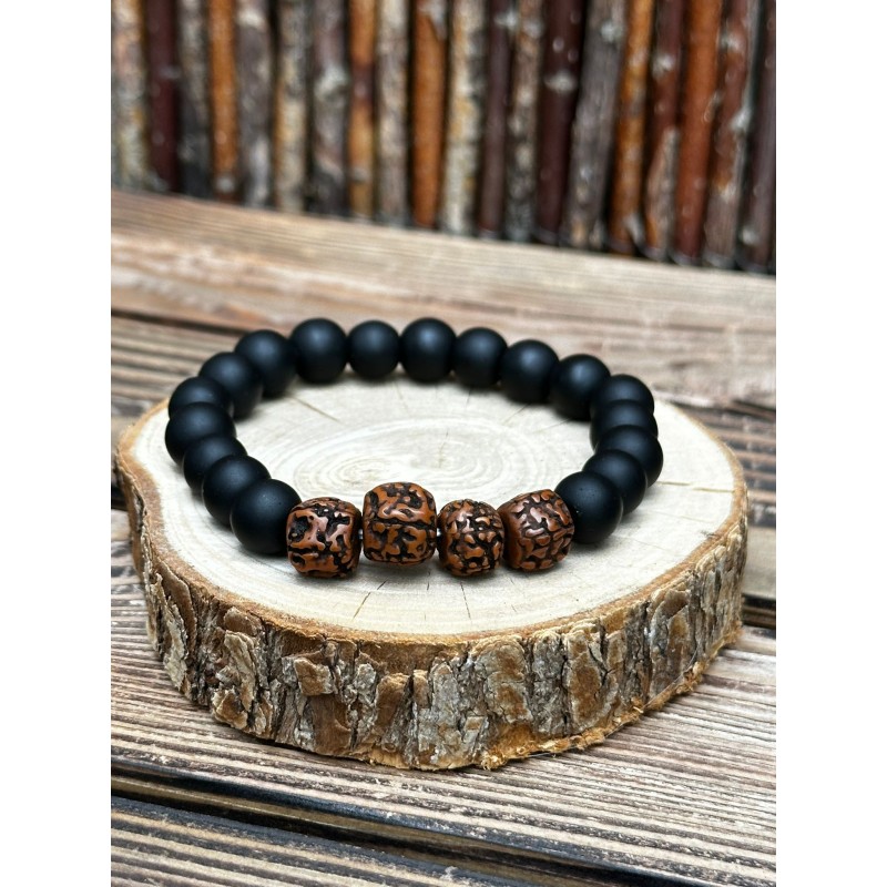 Bracelet Rudraksha / Onyx noir -  élastique