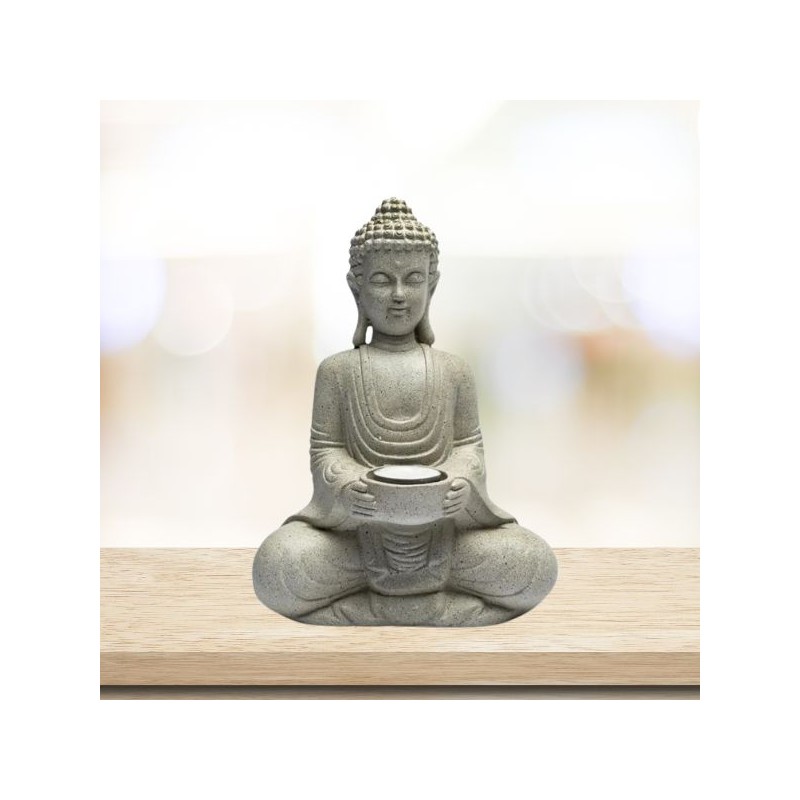 Bouddha méditant statue grise bougeoir - 27 cm