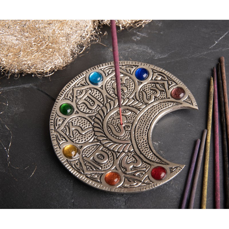 Porte encens Lune avec Mantra et Chakra Pierres de verre