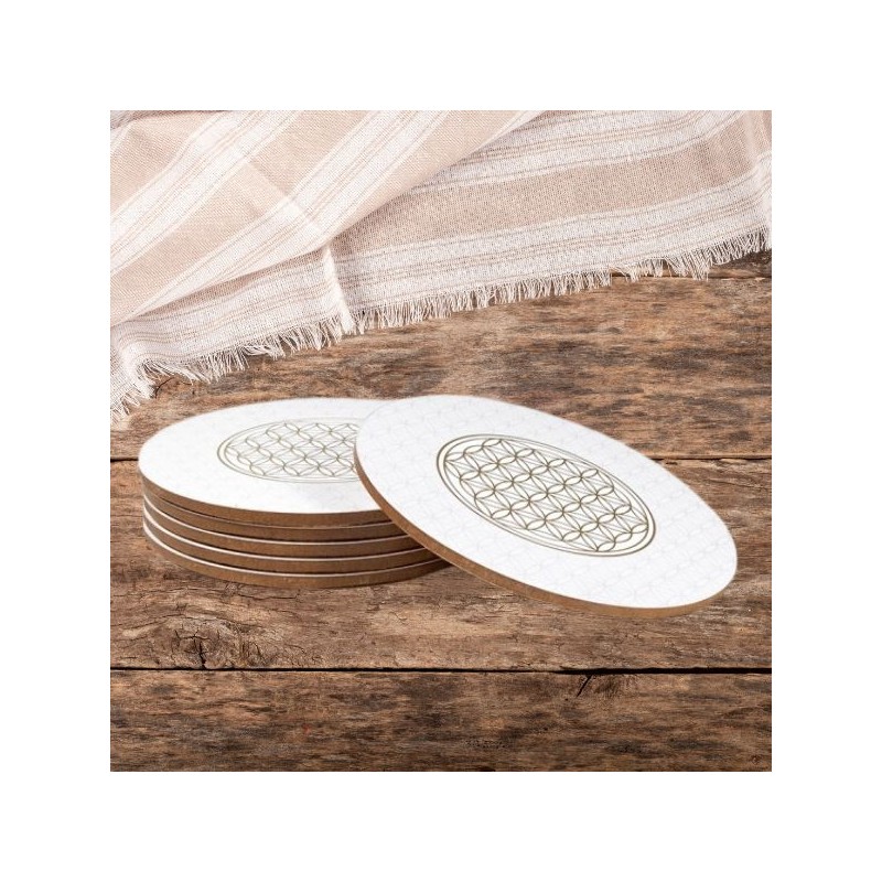 Set de 6 Sous Verre MDF  Fleur de vie blanc OR