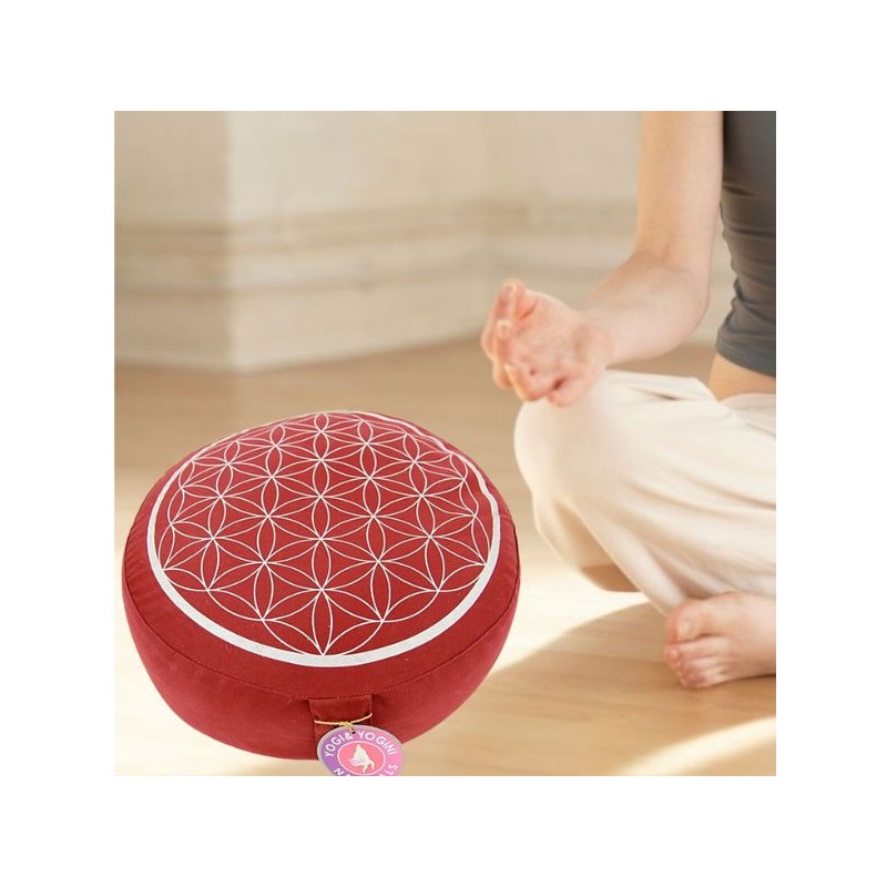 Zafu - coussin de méditation - Fleur de vie - ROUGE  ARGENT  - cosse de sarrasin