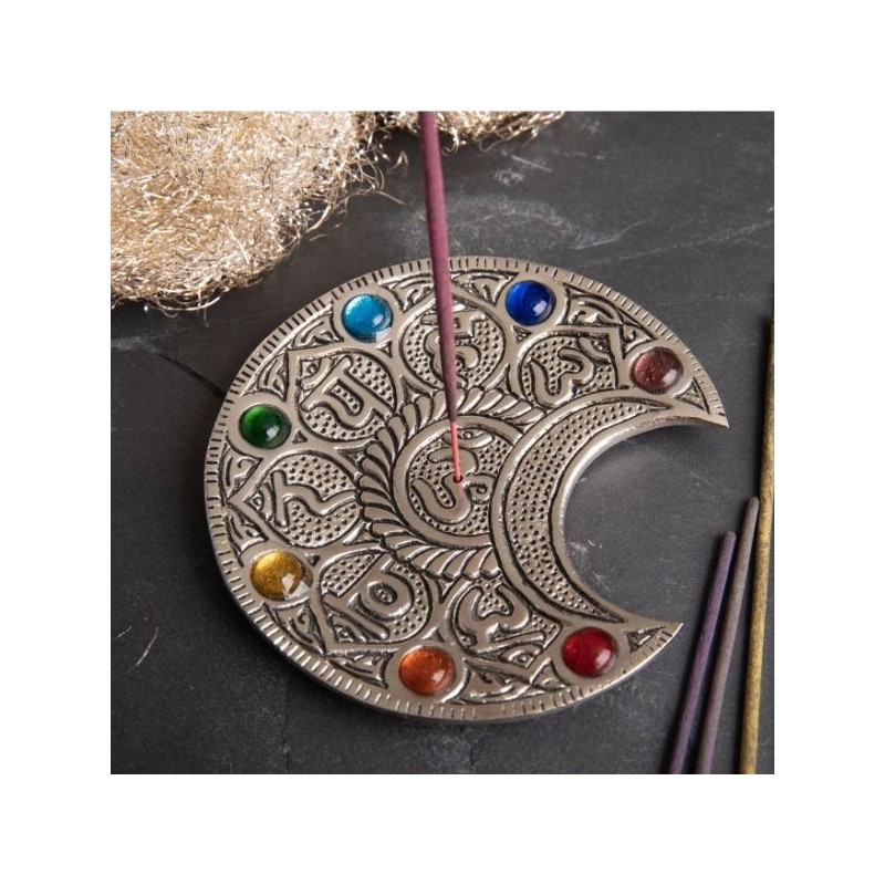 Porte encens Lune avec Mantra et Chakra Pierres de verre