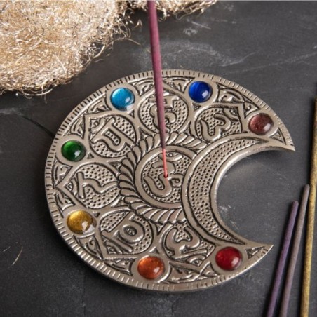 Porte encens Lune avec Mantra et Chakra Pierres de verre