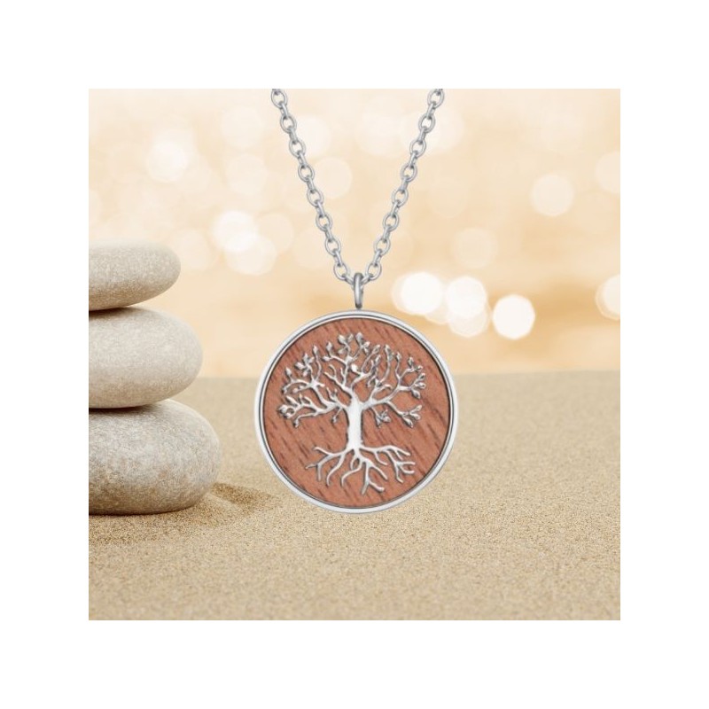 Collier Arbre de vie sur bois de noyer avec chaîne - 45,5 cm