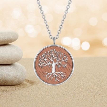 Collier Arbre de vie sur bois de noyer avec chaîne - 45,5 cm