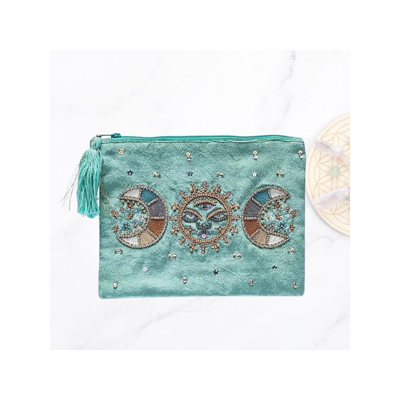 Pochette étui "Phase de Lune" en Velours Menthe – Élégance et Magie - 20x15 cm