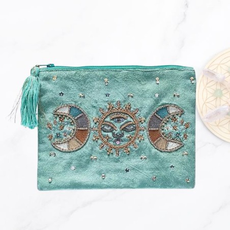 Pochette étui "Phase de Lune" en Velours Menthe – Élégance et Magie - 20x15 cm