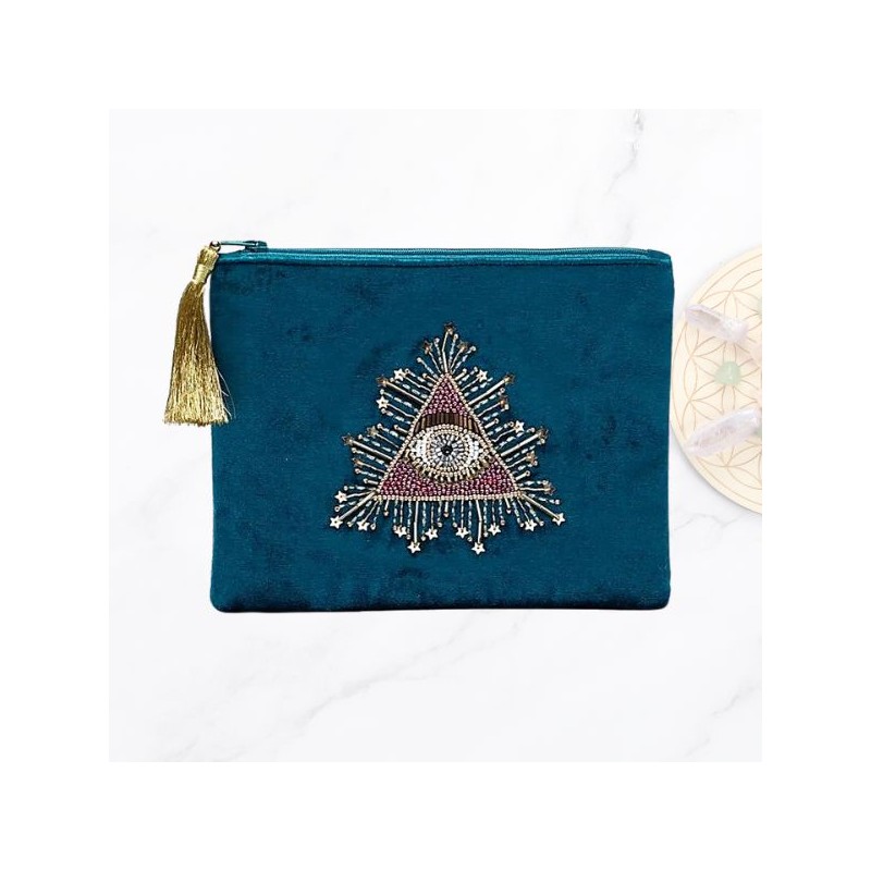 Pochette étui Oeil de Tarot en Velours Pétrole – Élégance et Magie - 20x15 cm