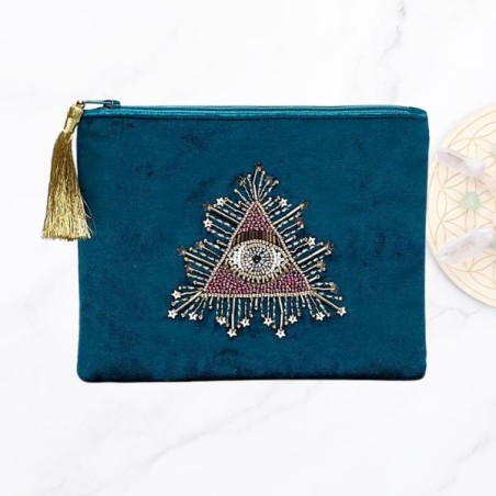 Pochette étui Oeil de Tarot en Velours Pétrole – Élégance et Magie - 20x15 cm