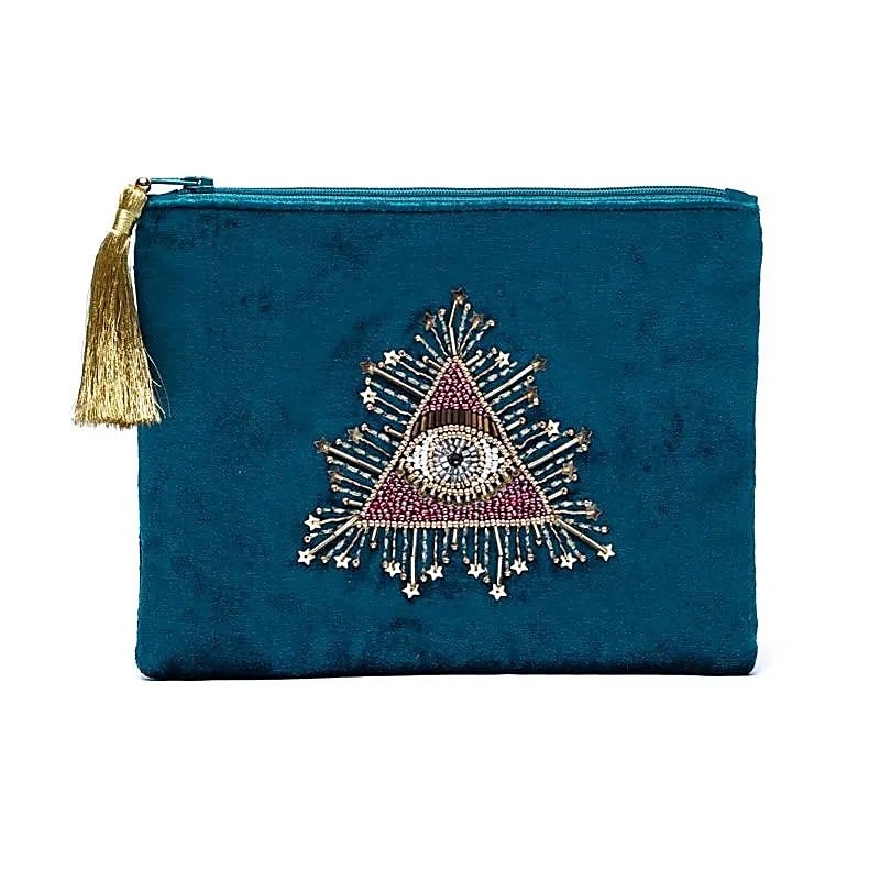 Pochette étui Oeil de Tarot en Velours Pétrole – Élégance et Magie - 20x15 cm