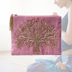 Pochette étui Arbre de Vie en Velours Rose – Élégance et Magie