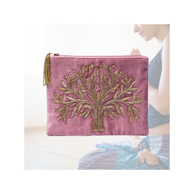 Pochette étui Arbre de Vie en Velours Rose – Élégance et Magie