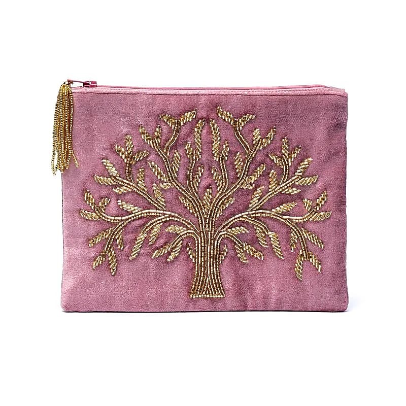 Pochette étui Arbre de Vie en Velours Rose – Élégance et Magie