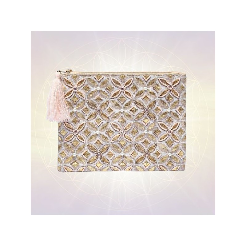 Pochette étui Fleur de Vie en Velours Rose beige – Élégance et Magie