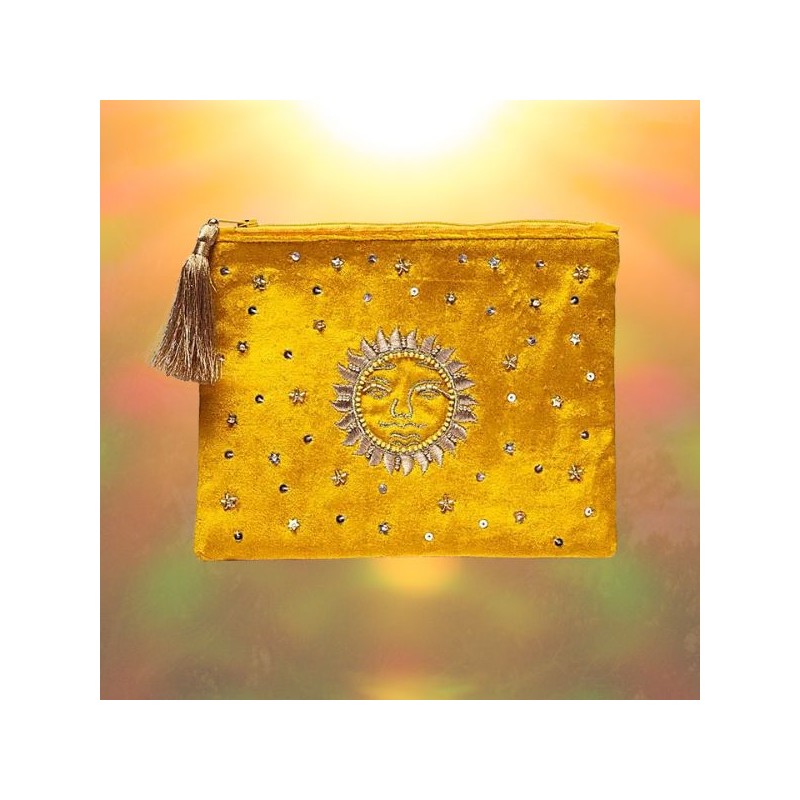 Pochette étui Soleil en Velours Jaune – Élégance et Magie