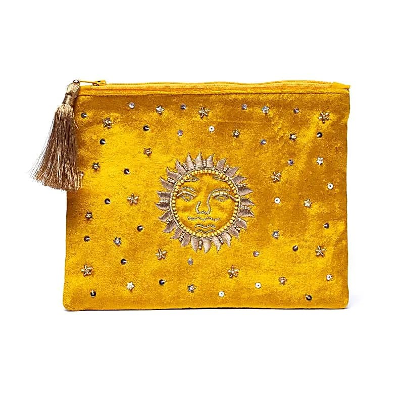 Pochette étui Soleil en Velours Jaune – Élégance et Magie