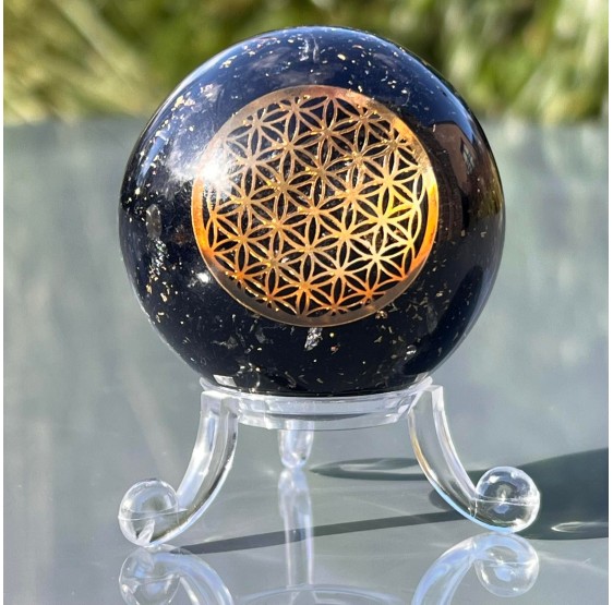 Sphère d'Orgonite Tourmaline avec fleur de vie - 5 cm